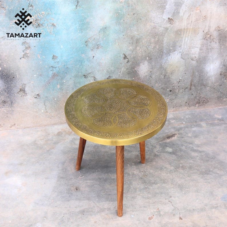 Moroccan Brass Side Table with Solid Wood Legs, Round Etched Top, Boho Art Deco End Table, Custom Size