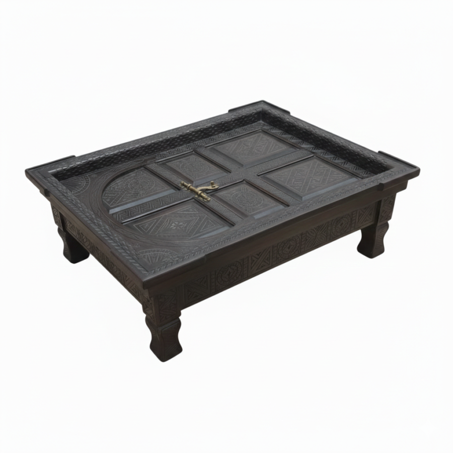 Hand‑Carved Moroccan Low Table – Moucharabieh Wood Coffee & Tea Table – Rustic Boho Centerpiece