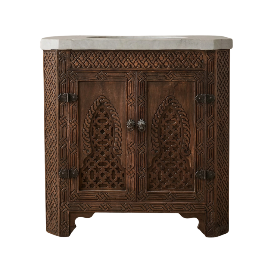 Hand-Carved Moroccan Vanity, Solid Wood Buffet Cabinet, Vintage-Style, Slim 40 cm Depth