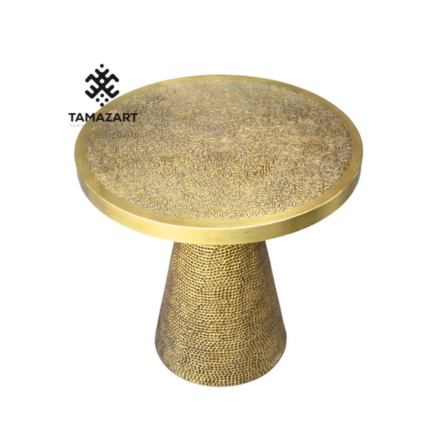 Handcrafted Moroccan Brass Side Table, Hammered Cone Base, Round Boho Accent Table, Custom Size & Finish