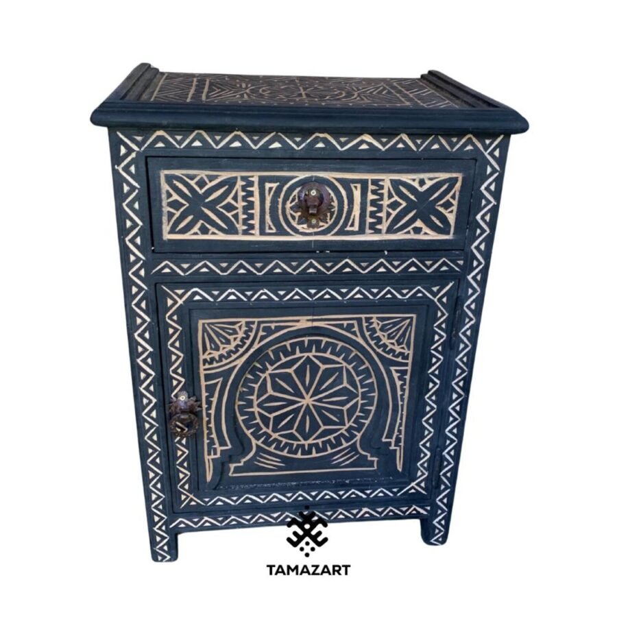 handcarved black Nightstands ,Handmade Moroccan Bedside Table , Bohemian Nightstand with Intricate Carving , Bohemian Decor , Free Shipping