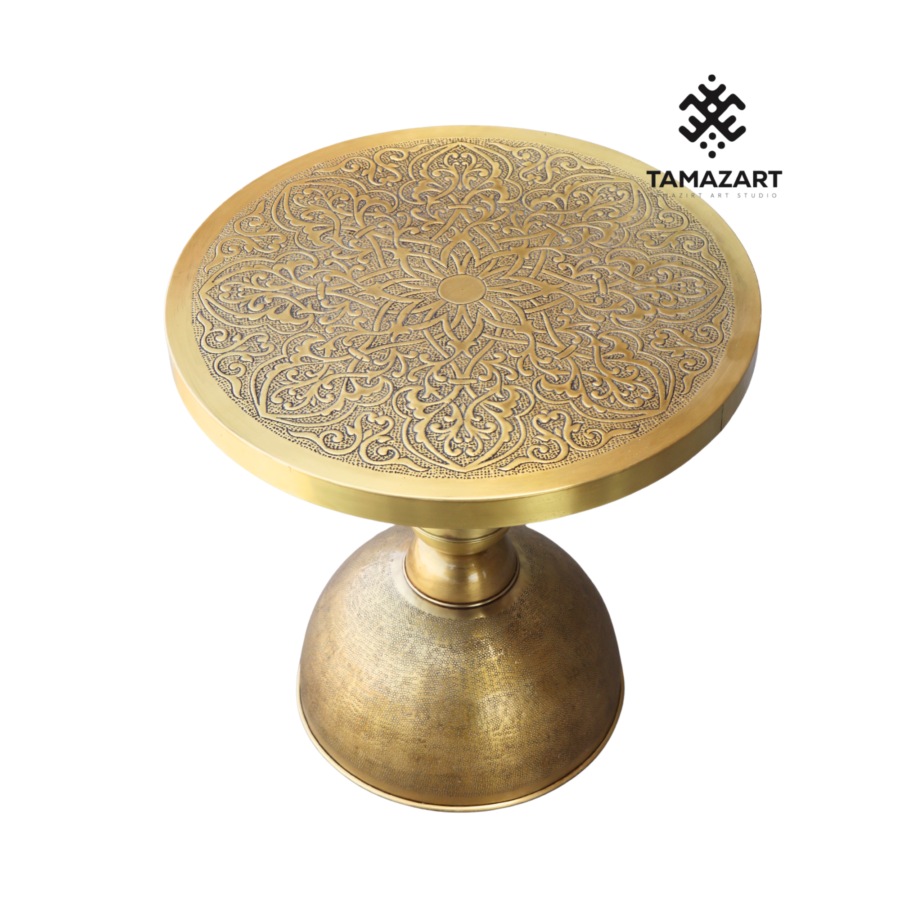 Hand‑Hammered Moroccan Brass Side Table, Round End Table, Art Deco Pedestal Accent Table, Custom Size & Finish